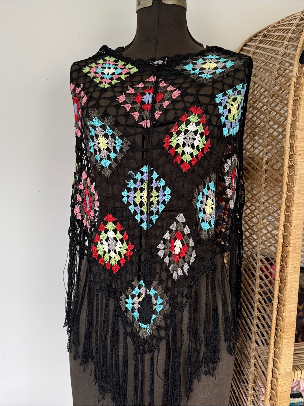 Vintage y2k crochet poncho granny square fringe black colorful OS boho